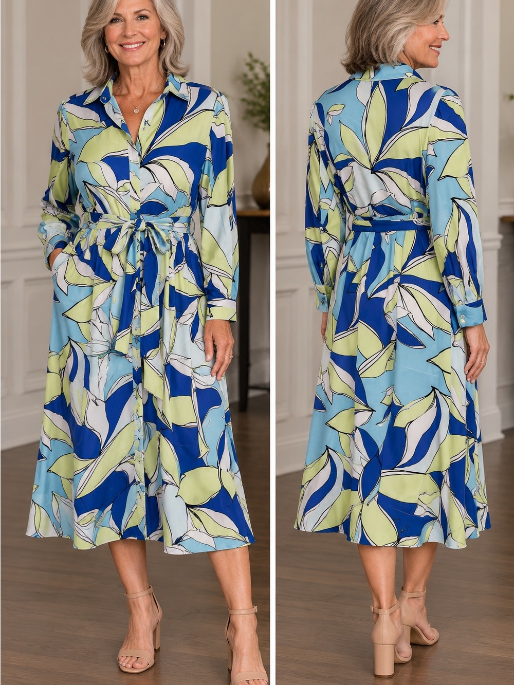 Joseph Ribkoff Blue & Green Abstract Print Midi Shirt Dress